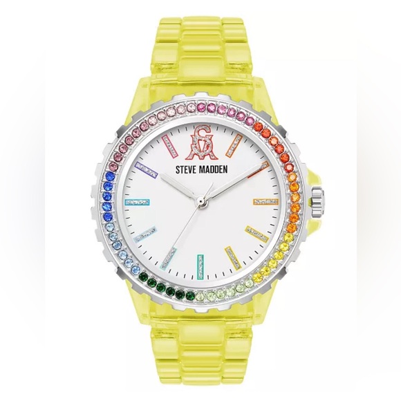 Steve Madden Transparent Yellow Rainbow Crystal Bracelet Analog Watch, 40mm - Picture 1 of 4